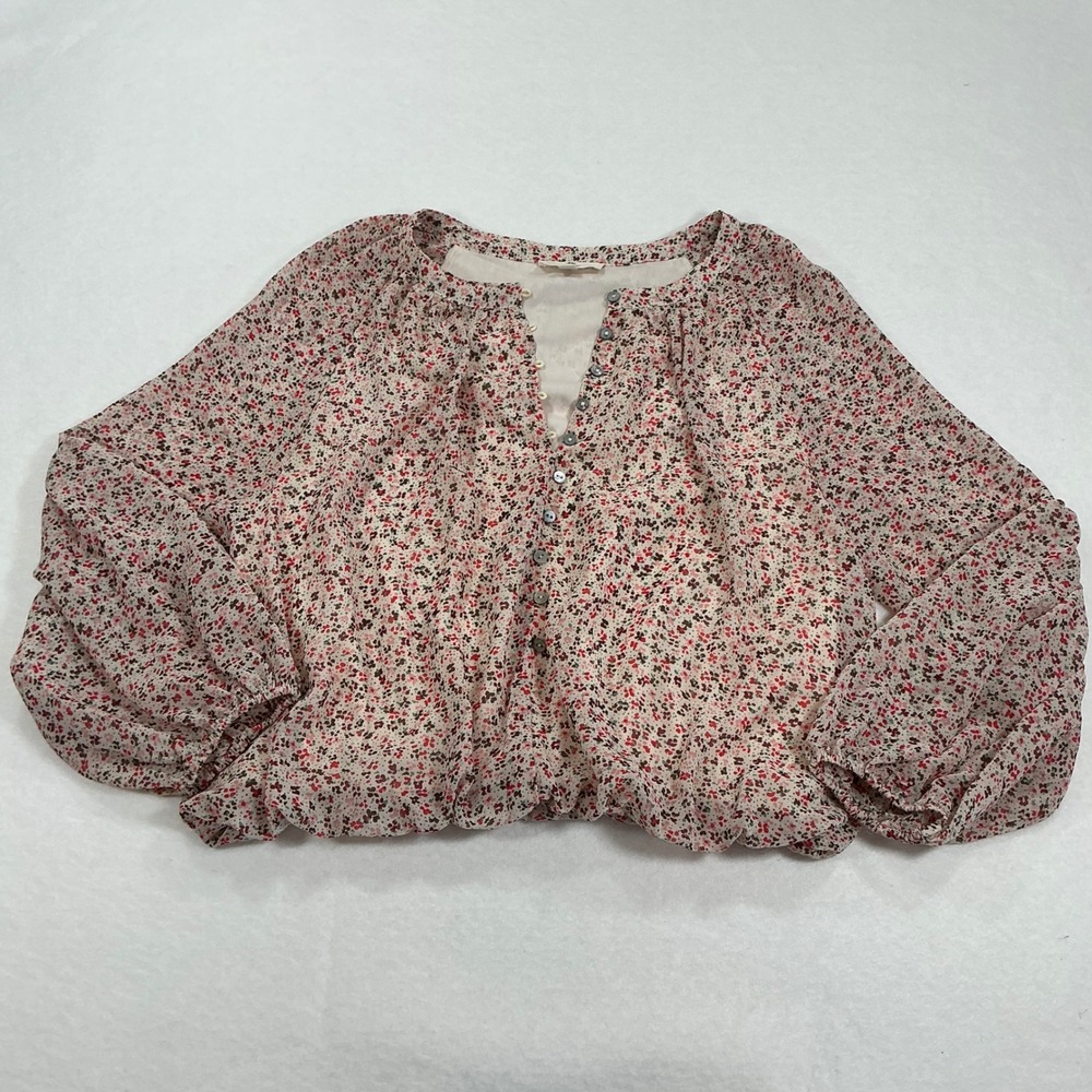Entro Women Floral Button Down Bubble Hem Blouse Top T16854 Red Pink Medium